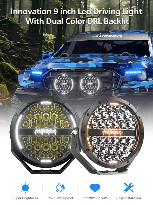 Aurora 9-Inch Round LED Driving Light – White + Amber DRL
