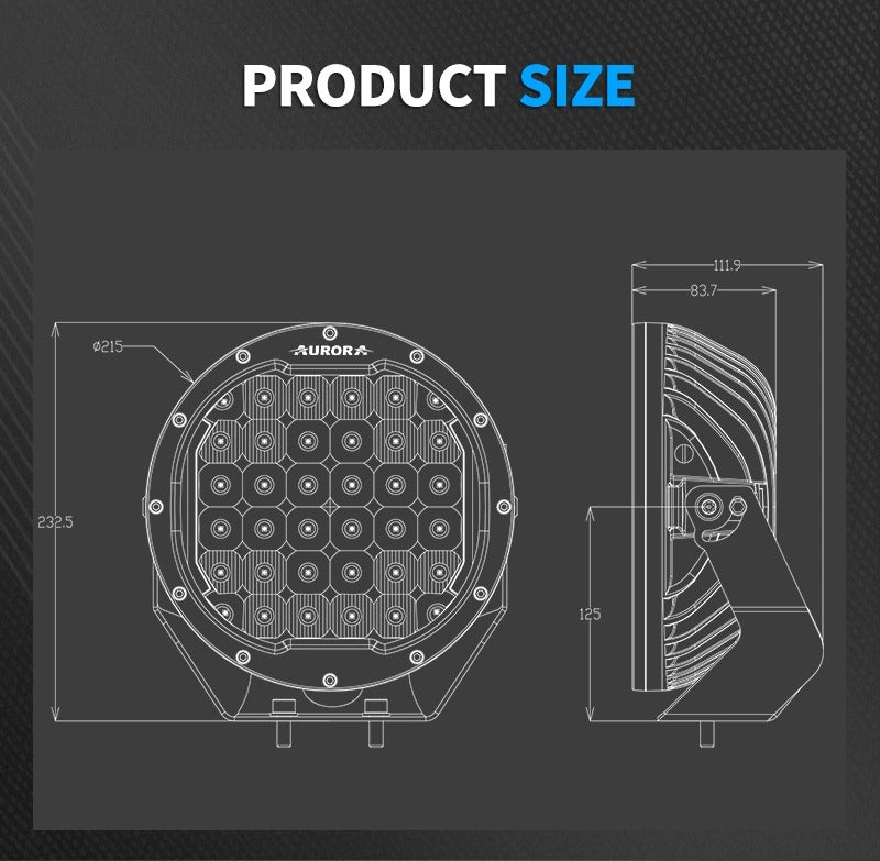 Aurora 9-inch premium driving lights with DRL — front and side product dimensions