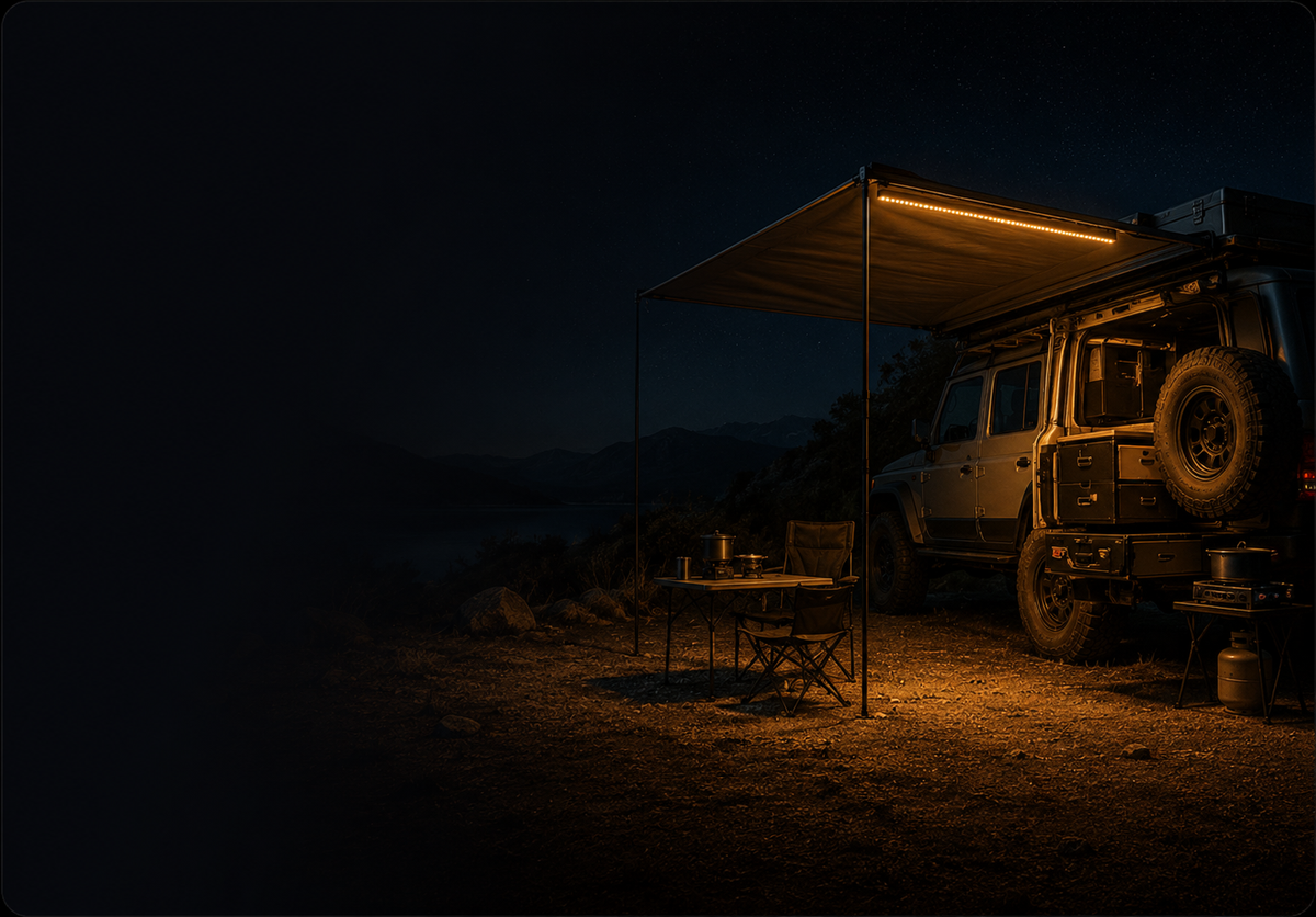 Work area beside a 4x4 after dark