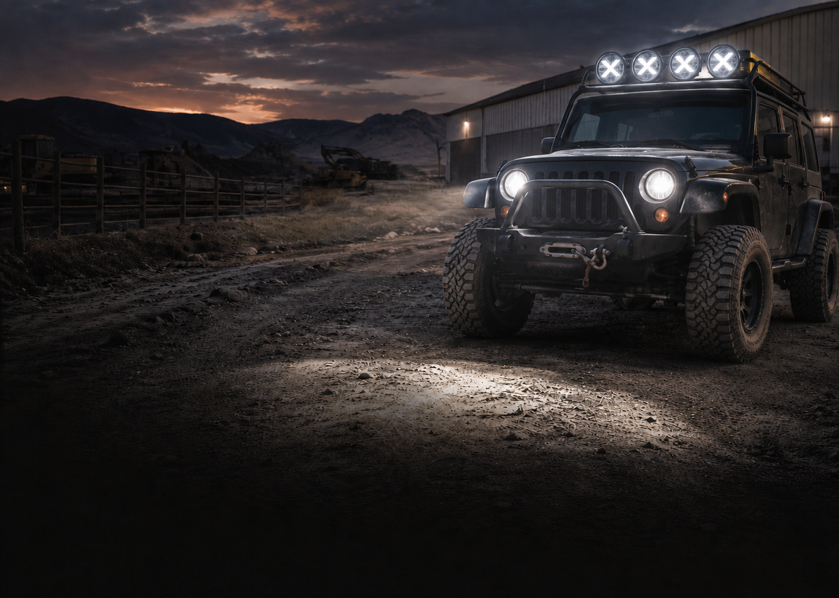 4x4 campsite lit after dark