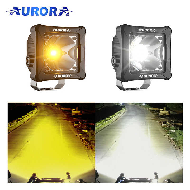 Aurora 3-inch white and amber auxiliary lights — white and amber light modes with road beam examples