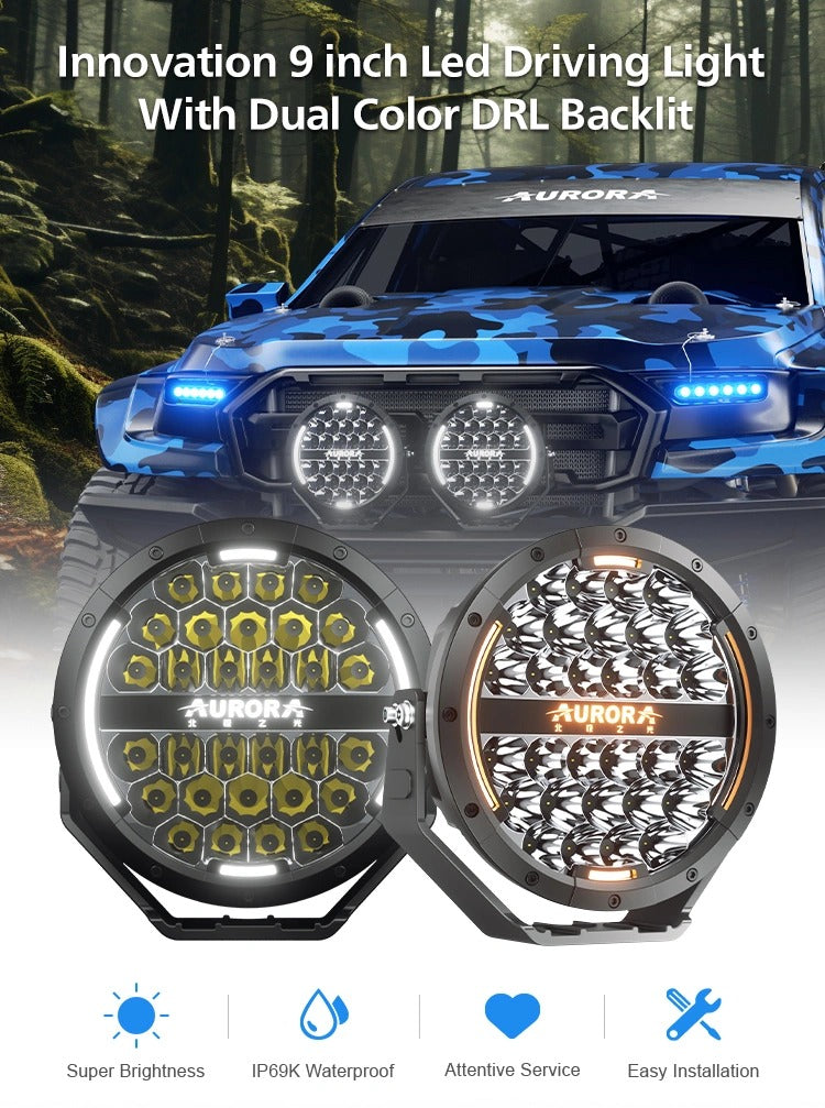 Aurora 9-Inch Round LED Driving Light – White + Amber DRL