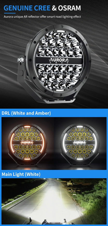 Aurora 9-Inch Round LED Driving Light – White + Amber DRL