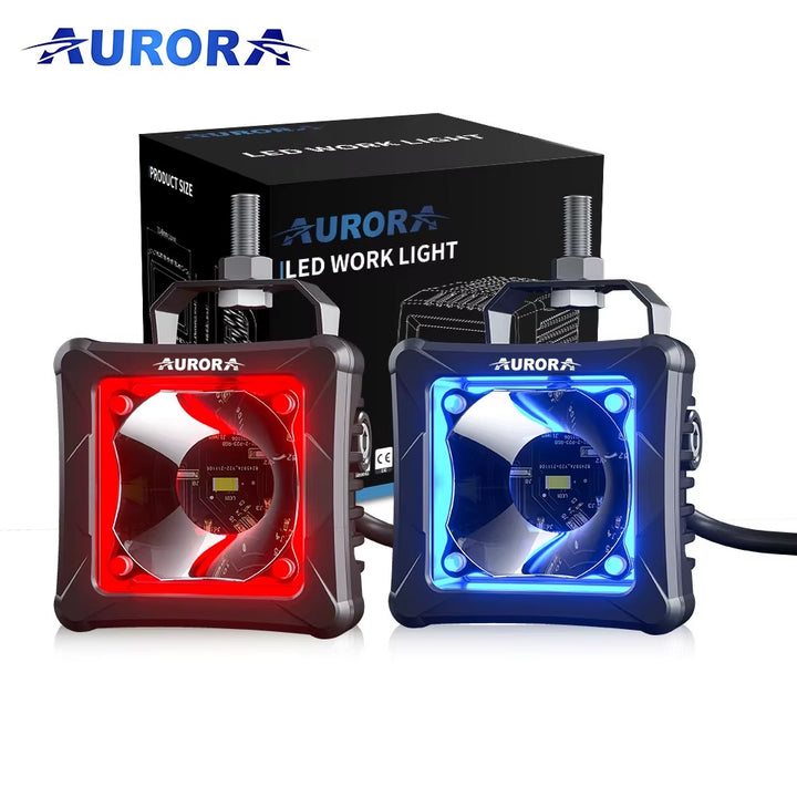 Aurora 3.3-inch RGB LED pod lights — red and blue illuminated pair beside the retail box